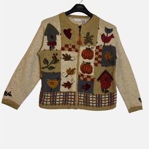 VTG Fall Patchwork Style Knit Cardigan Pumpkins Leaves Birds Wool Blend Granny